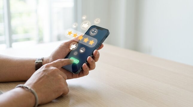 Man pressing submit button on smartphone to give top five star rating for product service.