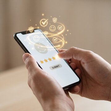 Person using smartphone to submit five star review with holographic customer service icons.
