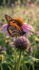 Obraz premium Monarch butterfly on pink coneflower in garden