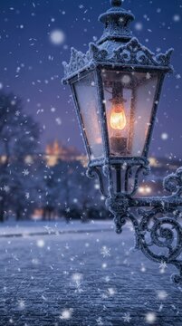 Vintage street lamp glowing in heavy snowfall at dusk