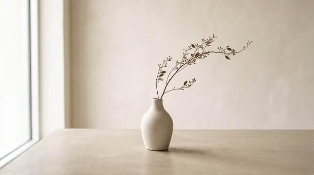 Minimalist ceramic vase with dried branch on beige stone table minimalist decor beige background white vase neutral colo