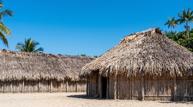 Rustic tropical beach village with traditional thatched roof huts on white sand