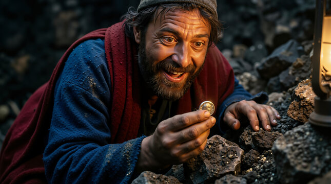 Man finding a lost silver coin among dark stones. Joyful biblical parable illustration with warm lantern light