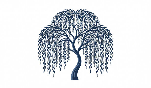 Elegant Weeping Willow Tree Dark Blue Flat Striped Vector Illustration