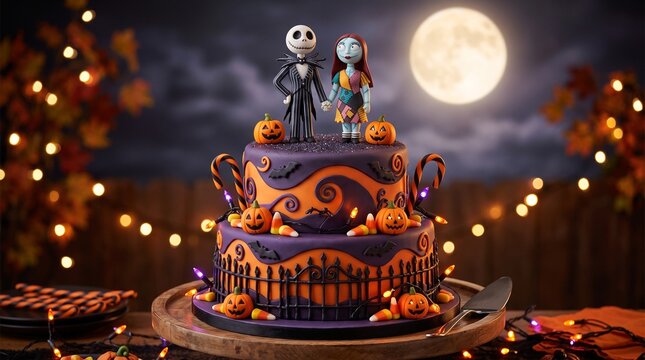 A two-tiered Halloween birthday cake featuring purple and orange hues, Jack & Sally, pumpkins, candy canes, bats, and a large full moon; a magical atmosphere and a beautiful, unique work of edible art