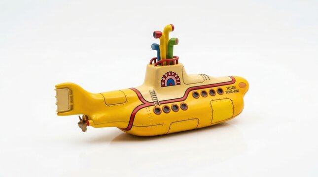 Yellow toy submarine model angled view against white background with pop culture submarine transport miniature isolated periscope propeller collectible childhood recreation underwater