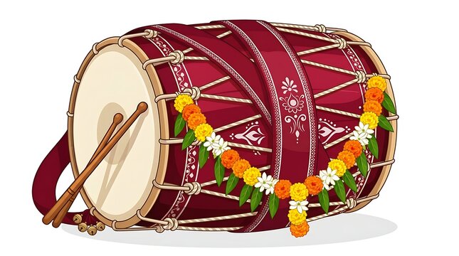 A traditional indian dhol drum decorated with vibrant marigold flower garlands and wooden sticks for playing music during festive celebrations and cultural events in south asia