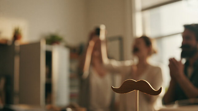 Movember Awareness Men's health awareness  A humorous mustache prop sits in the foreground, hinting at a lively celebration in the softly blurred background.