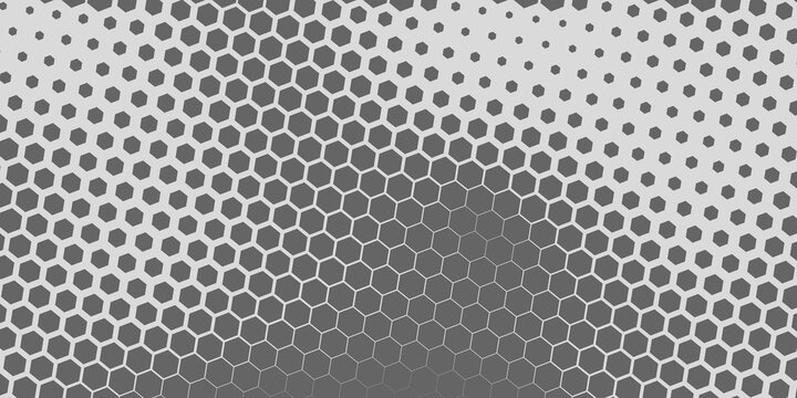 Hexagon halftone gradient texture. Abstract black grunge background. Geometric retro halftone tech overlay. Fading wavy hexagonal pattern backdrop. Vector vanishing honeycomb grunge bitmap wallpaper