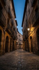 Fototapeta premium Narrow historic alleyway with old stone buildings at dusk