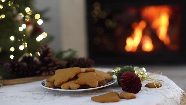 Plate of Homemade Gingerbread Cookies in Front of Burning Fireplace video. Cozy Christmas Eve, Winter Warm Atmosphere, Festive Home Xmas Evening