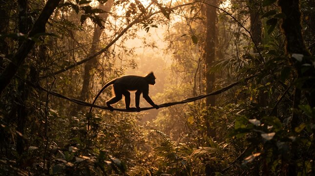 A monkey silhouetted against the golden light of a dense jungle, walking carefully on a vine or branch.