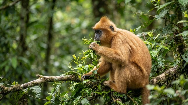 A reddish-brown monkey with a dark face sits on a tree branch in a dense green forest, eating leaves from the lush foliage.