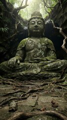 Fototapeta premium Ancient mossy Buddha statue in mystical jungle grotto