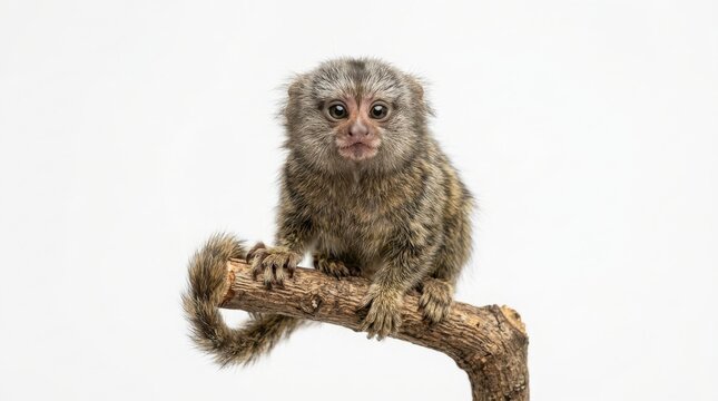Tiny pygmy marmoset monkey sitting on a branch with small monkey wild animal cute animal exotic pet white background jungle animal small primate tree dwelling forest animal small mammal