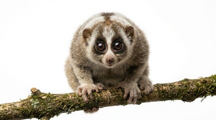Fototapeta premium Slow loris hanging on a tree branch isolated on white background with wild animal nocturnal animal exotic pet small mammal furry creature cute animal big eyes animal portrait brown fur