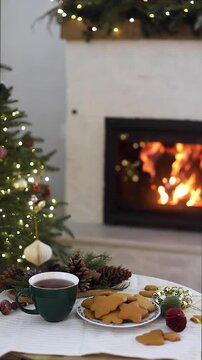 Hot Tea Cup and Christmas Cookies by Warm Burning Fireplace and decorated Christmas tree with Bokeh lights video. Winter Holiday Relaxation, Hygge home Atmosphere, Christmas Eve Celebration