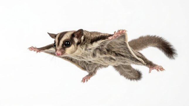 Sugar glider jumping with outstretched membranes isolated on white background flying squirrel wild animal small mammal furry animal cute creature exotic pet australian fauna gray fur