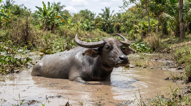 A large water buffalo with prominent horns rests partially submerged in a muddy pool amidst lush green tropical vegetation under a bright sky.