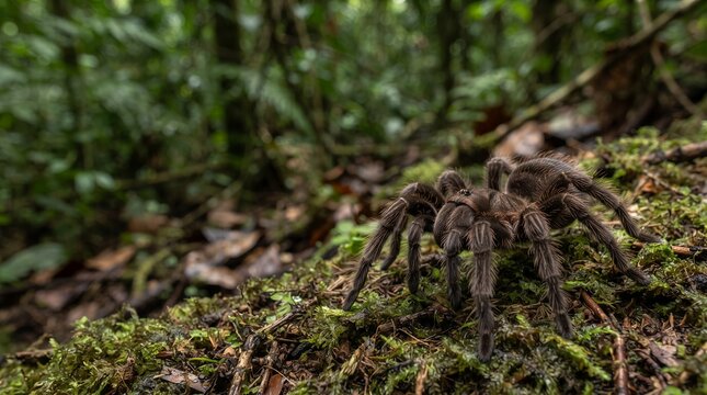 A large, hairy tarantula spider crawls on moss-covered ground in a dense, vibrant green tropical rainforest.