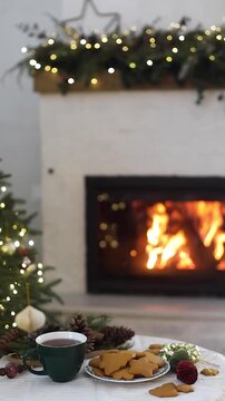 Cozy Christmas Table with Hot Drink, Cookies, and Fireplace, holiday video. Holiday Relaxation, Winter  Hygge Atmosphere, Christmas Eve Celebration