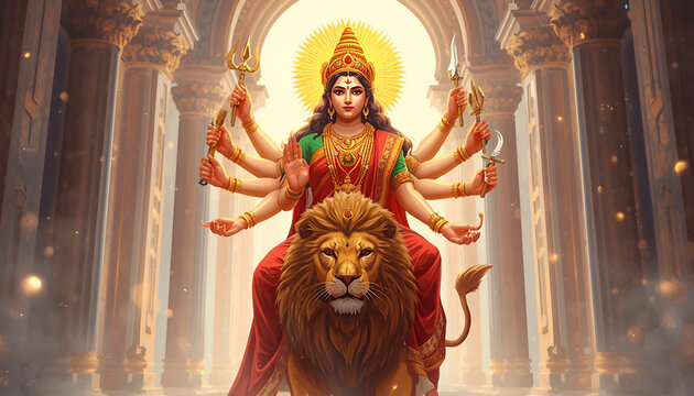 Hindu goddess durga riding a lion with many arms in a grand temple gateway