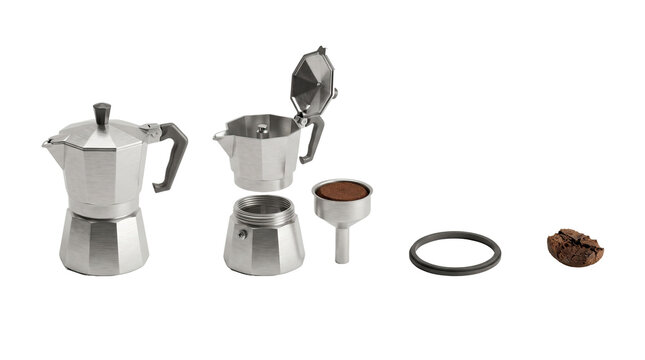 Disassembled stovetop espresso maker parts with coffee grounds on a white background moka pot coffee preparation white background