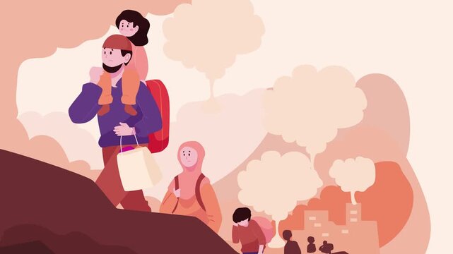 People are being evacuated from the city, with destroyed buildings and smoke from explosions in the background. Vector animation in a cartoon-style flat art style