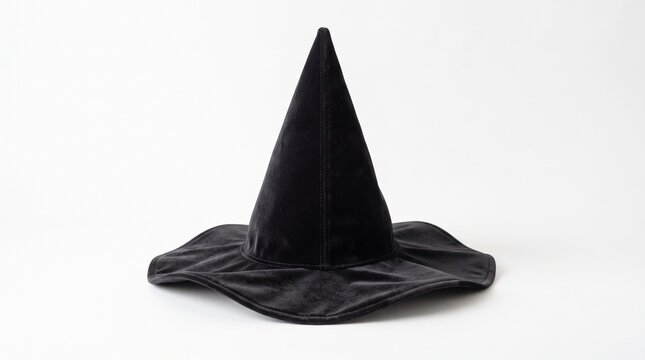Black Witch Hat: A classic pointy black witch hat with a wide, ruffled brim, perfect for Halloween or costume parties. A symbol of magic and mystery.