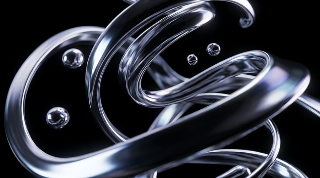 Abstract liquid metal ribbons spiraling with suspended silver spheres against a black background