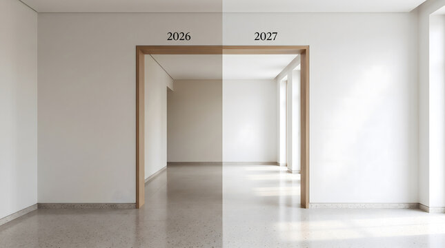 Empty Modern Room with Open Doorway Showing a Split Light Transition from 2026 to 2027