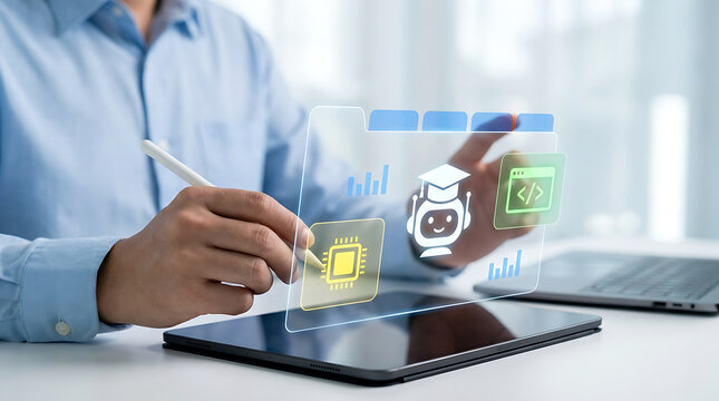 Professional interacts with holographic software folder displaying robotic academic mentor plus cpu hardware icons for data analytics research and modern technical learning platform.