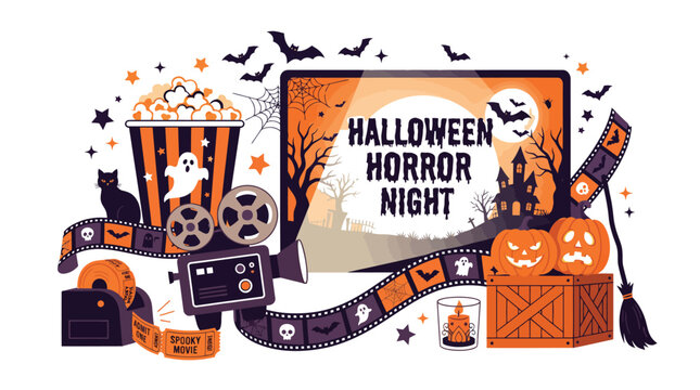 Halloween horror movie night featuring pumpkin jack o lanterns popcorn film strips and spooky retro projector