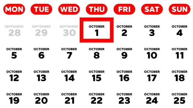 Red cursor highlighting October 1st on a 2026 wall calendar page. European calendar style, Monday start week layout