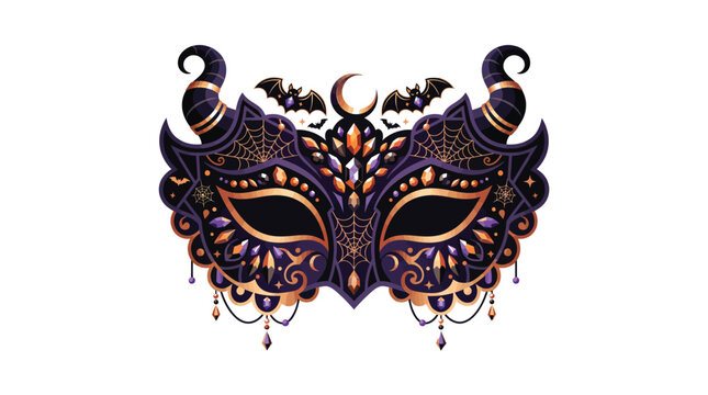 Ornate masquerade mask featuring detailed black horns purple gems gold accents and small spooky bat motifs