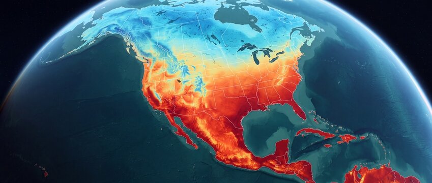 High-resolution satellite-style heat map showing varying temperature zones across North America, including the United&nbsp;&nbsp;S