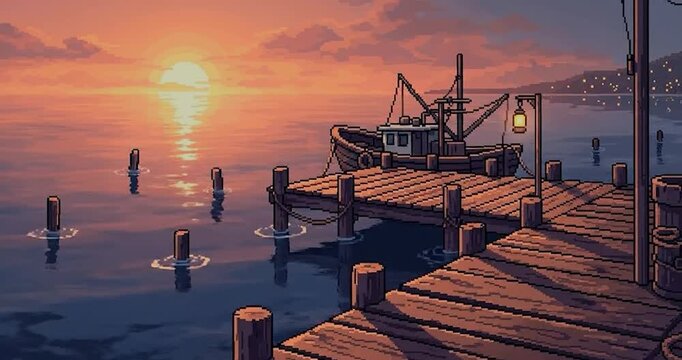 Pixel art fishing boat docked at sunset pier.
