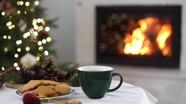 Cozy Hot Tea Mug and Fresh Homemade Cookies by Burning Fireplace video. Cozy Winter Holiday Living. Warm Atmosphere of Christmas Eve