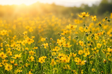 Fototapeta premium Wildflower meadow bathed in warm sunlight with slender green stem and dense yellow bloom, serene summer field scene