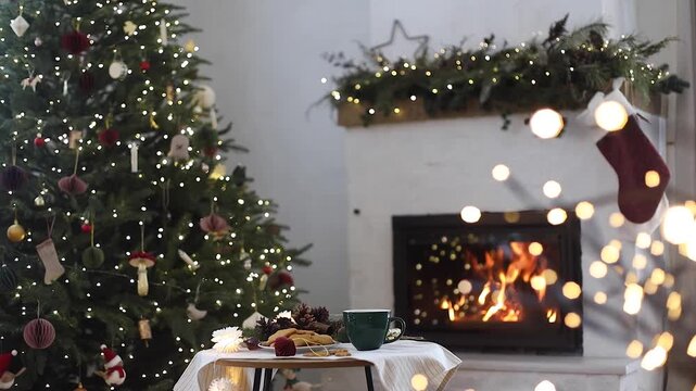 Cozy Christmas Room with Hot Tea, Cookies, and Fireplace video. Winter Hygge Interior, Holiday Relaxation. Warm Atmosphere of Christmas Eve
