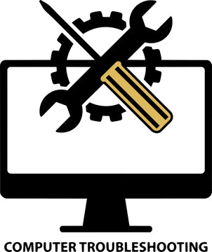 Computer troubleshooting icon with monitor and tools tech support repair icon