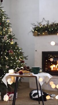 Warm Christmas Living Room with cute cat relaxing under Table with Tea and Cookies. Authentic Home Holiday video. Warm Atmosphere of Christmas