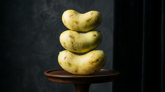 Stack of three kidney-shaped yellow fruits on a wooden pedestal
