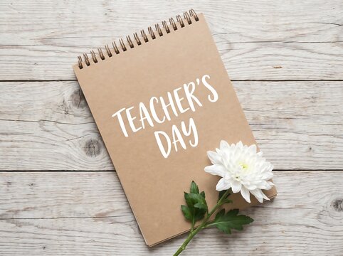 Teacher Day Notebook With Flower On Wooden Surface