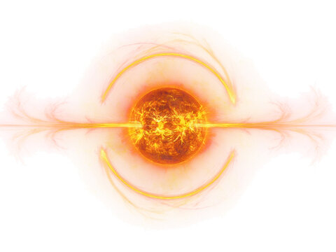 Glowing sun sphere with magnetic field lines on white background, fiery solar star with orange plasma energy, abstract cosmic explosion and heat radiation