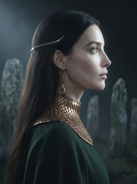 Fantasy elf woman in profile with scaled armor collar near ancient standing stones