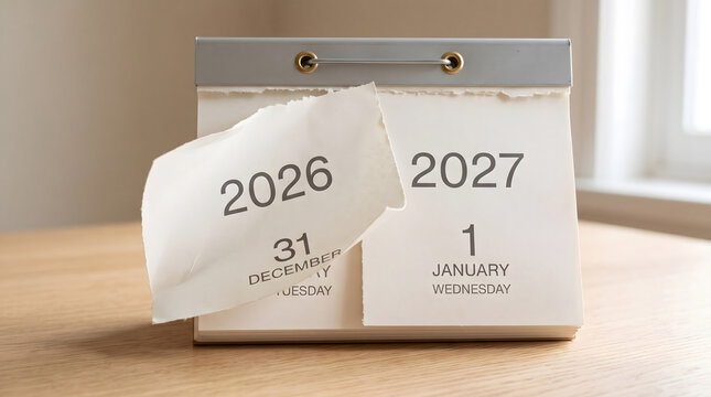 Desk Calendar Showing Torn Page Transition from December 31 2026 to January 1 2027