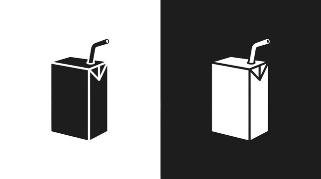 Juice box carton with straw vector icon illustration set on black and white background beverage packaging container