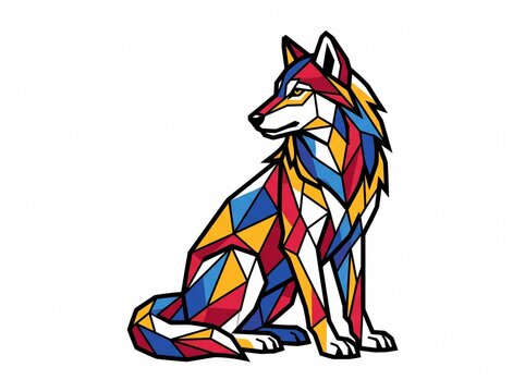 Colorful geometric wolf art featuring vibrant triangles and sharp edges to represent a majestic predator with creative patterns for diverse design projects needing a strong wild animal aesthetic