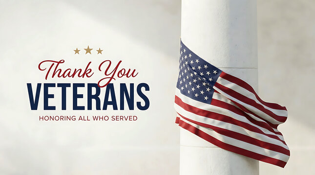 American flag wrapped around a pillar with Veterans Day typography graphic